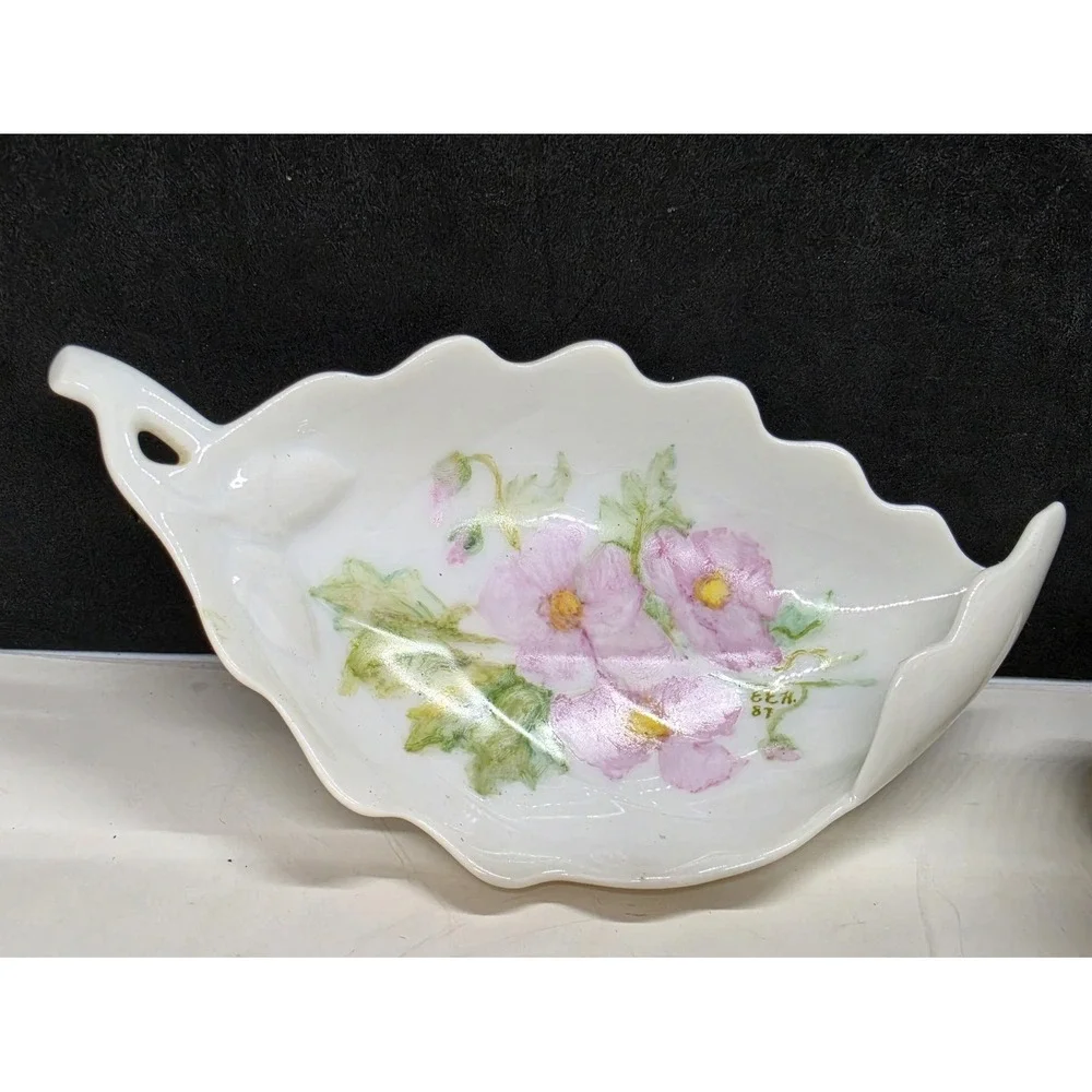 Two Porcelain Trinket Dishes Dish Handpainted Leaf And Basket Signed '86-87